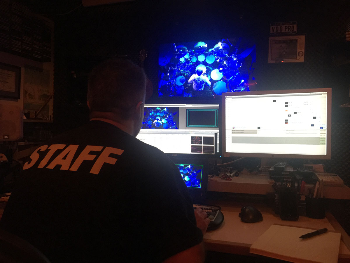 Nick Madeo at Madeo Multimedia editing the Neil Peart tribute video.